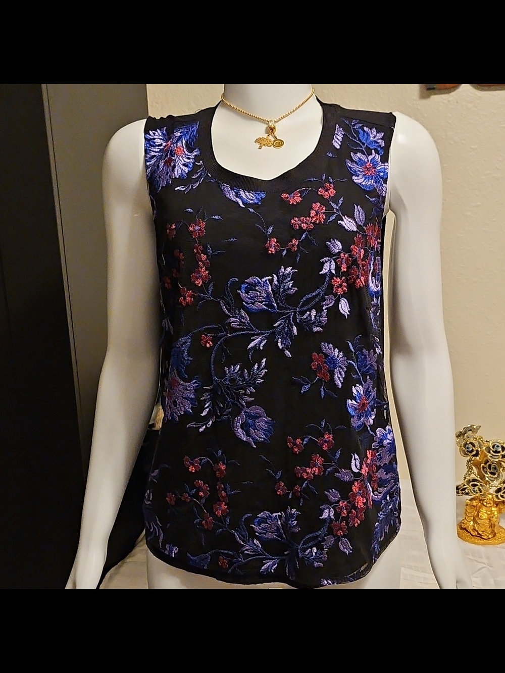 a new day Black Floral Tank with Blue and Pink Embroidery